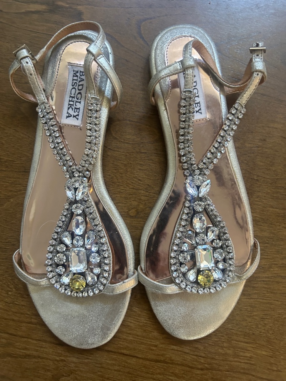 Badgley Mischka Metallic Gold Jeweled T-Strap Sandals